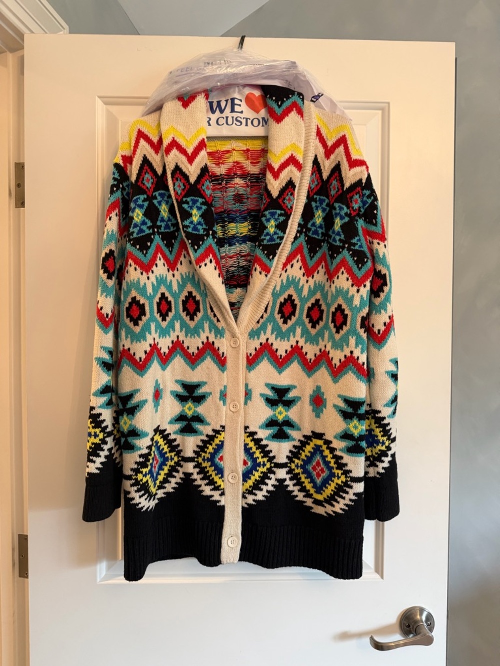 Alice + Olivia Cream Multicolor Aztec Shawl Collar Cardigan